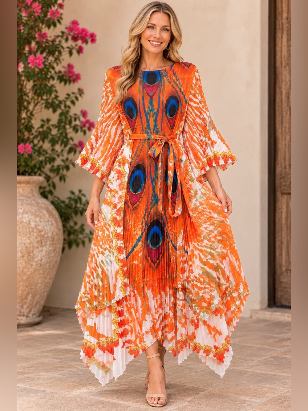 NWT Beulah Danie Peacock Print Pleated Belted Midi Dress Orange